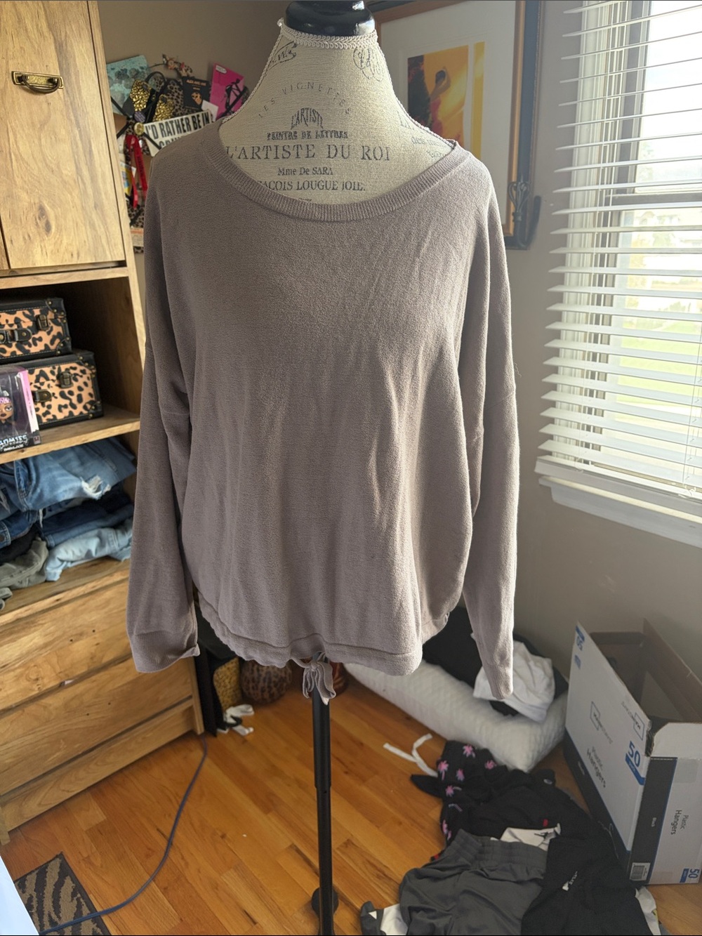 Barefoot Dreams Taupe Long Sleeve Drawstring Top - XL